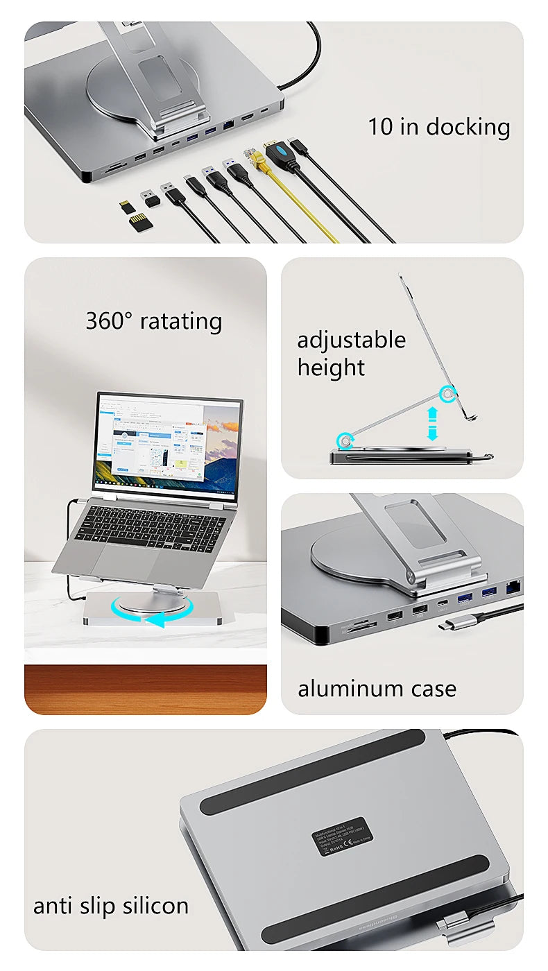 Aluminum Laptop Stand Hub 10-in-1 – USB-C Dock with 4K@60Hz HDMI, SD/TF & RJ45
