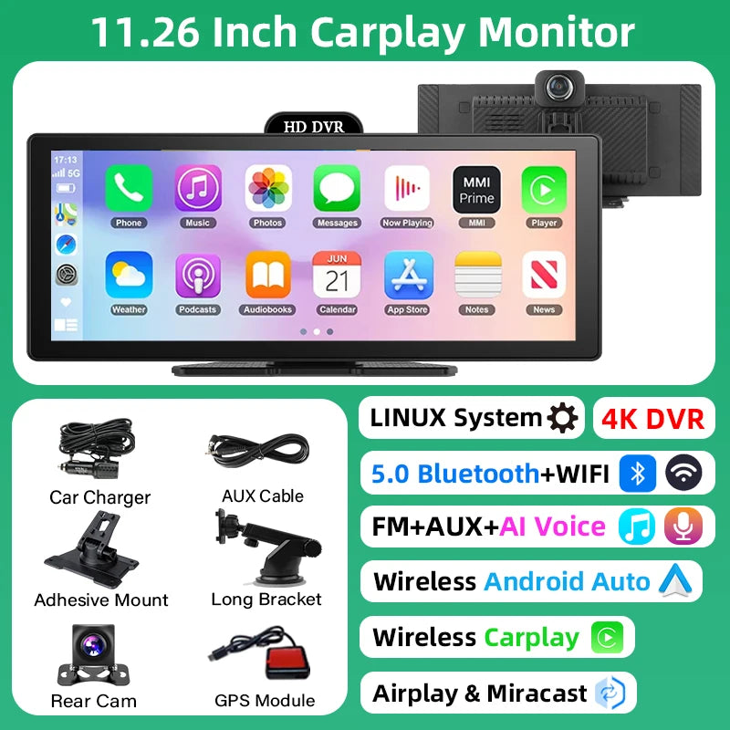 11.26″ 4K Dashboard Dash Cam – Wireless CarPlay & Android Auto, Dual Camera DVR with GPS