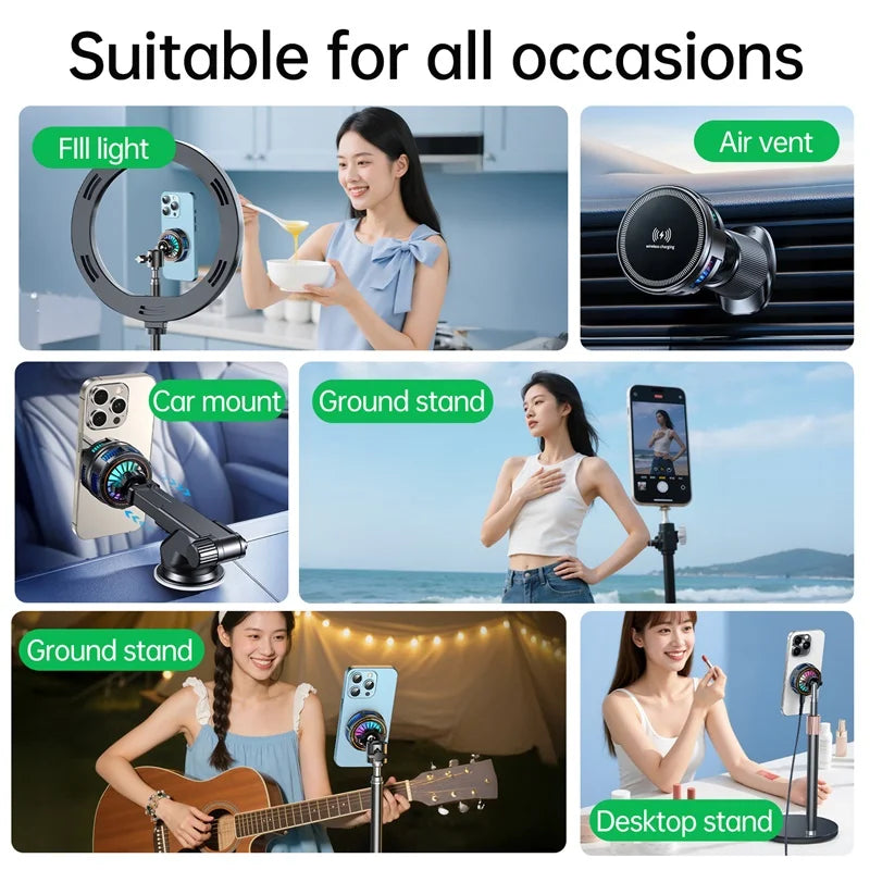 15W Magnetic Wireless Charger Car Mount with Semiconductor Cooling & RGB