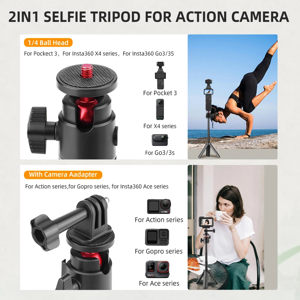 Adjustable Selfie Stick Tripod – Mini Table Tripod with Cold Shoe for GoPro & Insta360