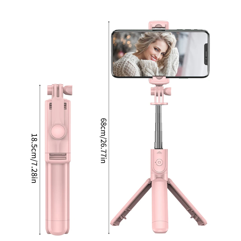 Pink Bluetooth Selfie Stick Tripod with Fill Light & Remote – 71cm Extendable