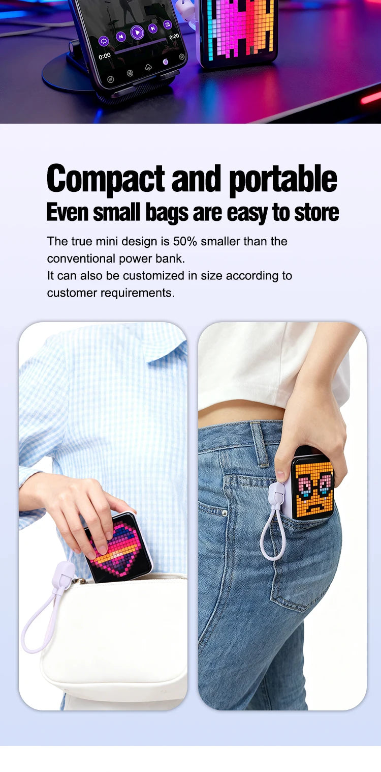 Pixel Display Power Bank 5000mAh – RGB Bluetooth Screen USB-C Fast Charger with LED Light