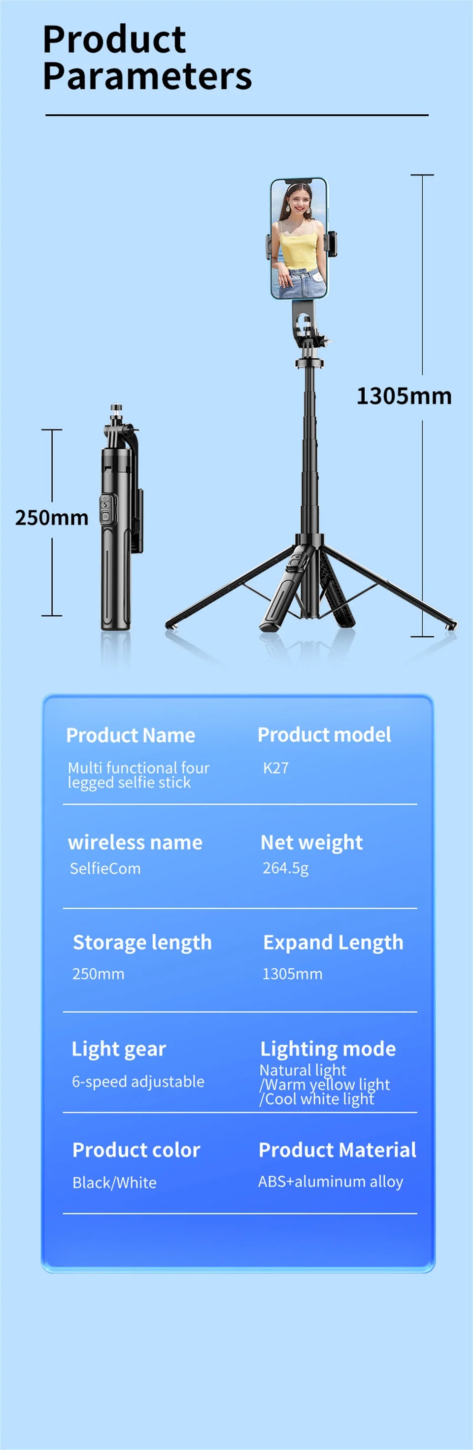 K27 1.3m Bluetooth Selfie Stick with Quad-Pod & Remote