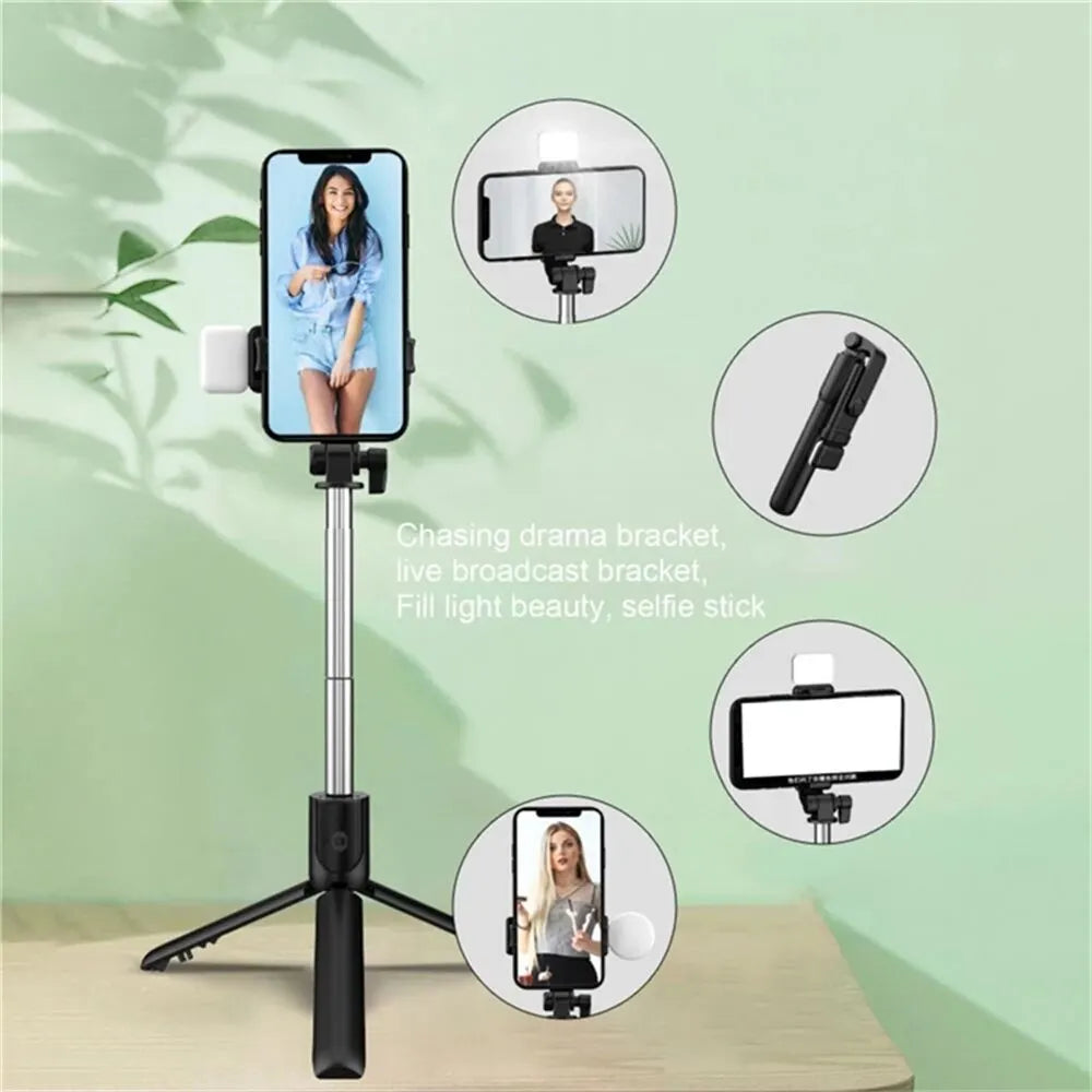 Compact Selfie Stick Tripod – Stainless Steel, Fill Light & Bluetooth Control