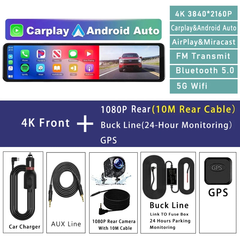 11.26” 4K Rearview Mirror DVR | CarPlay, Android Auto, GPS Ready