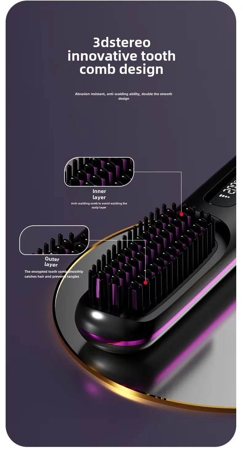 Cordless LCD Hair Straightener Comb – USB Rechargeable, Portable Anti-Scald Styling Brush