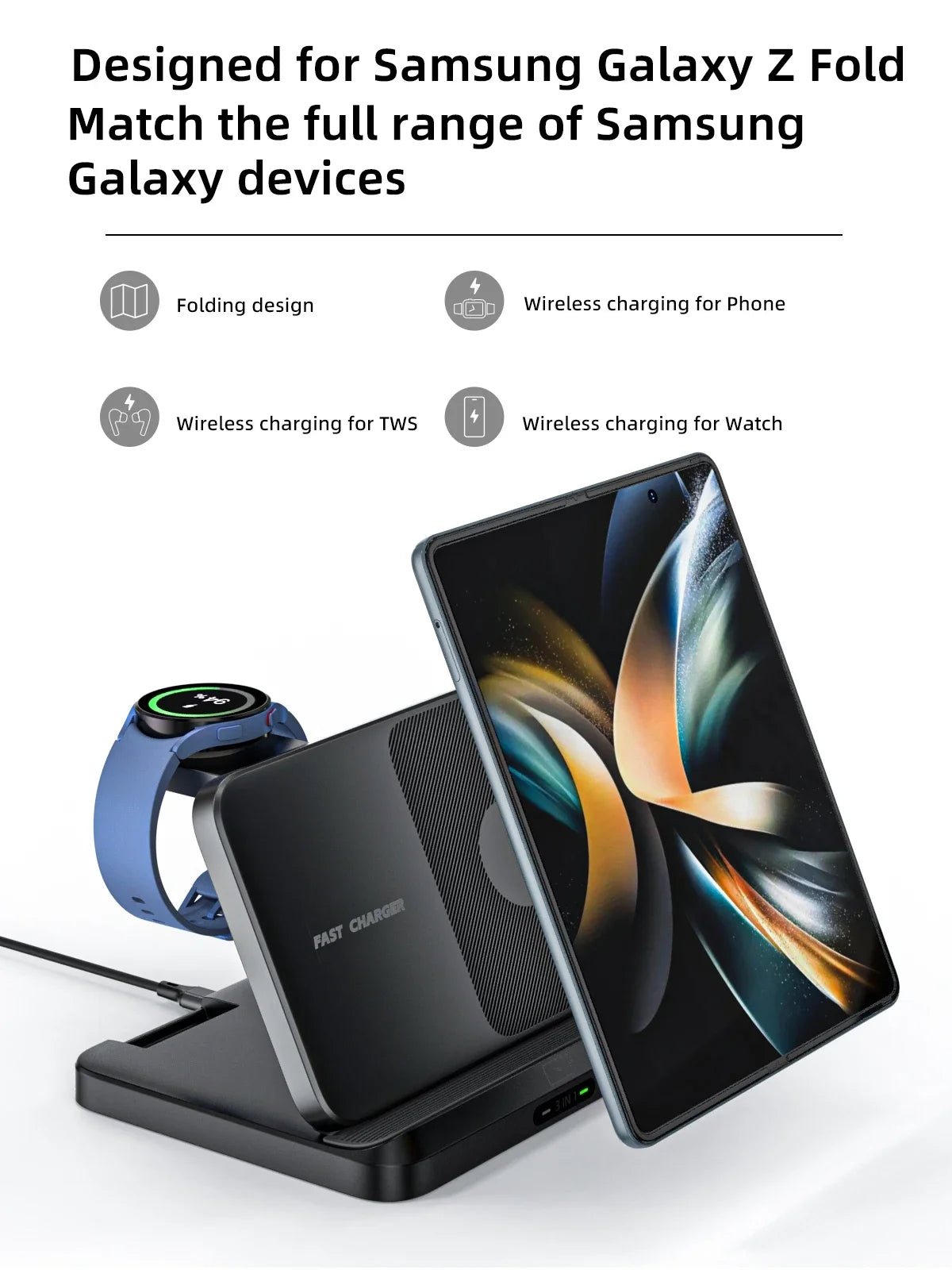 VIKEFON Foldable 3-in-1 Wireless Charger with Cooling Fan for Samsung Devices