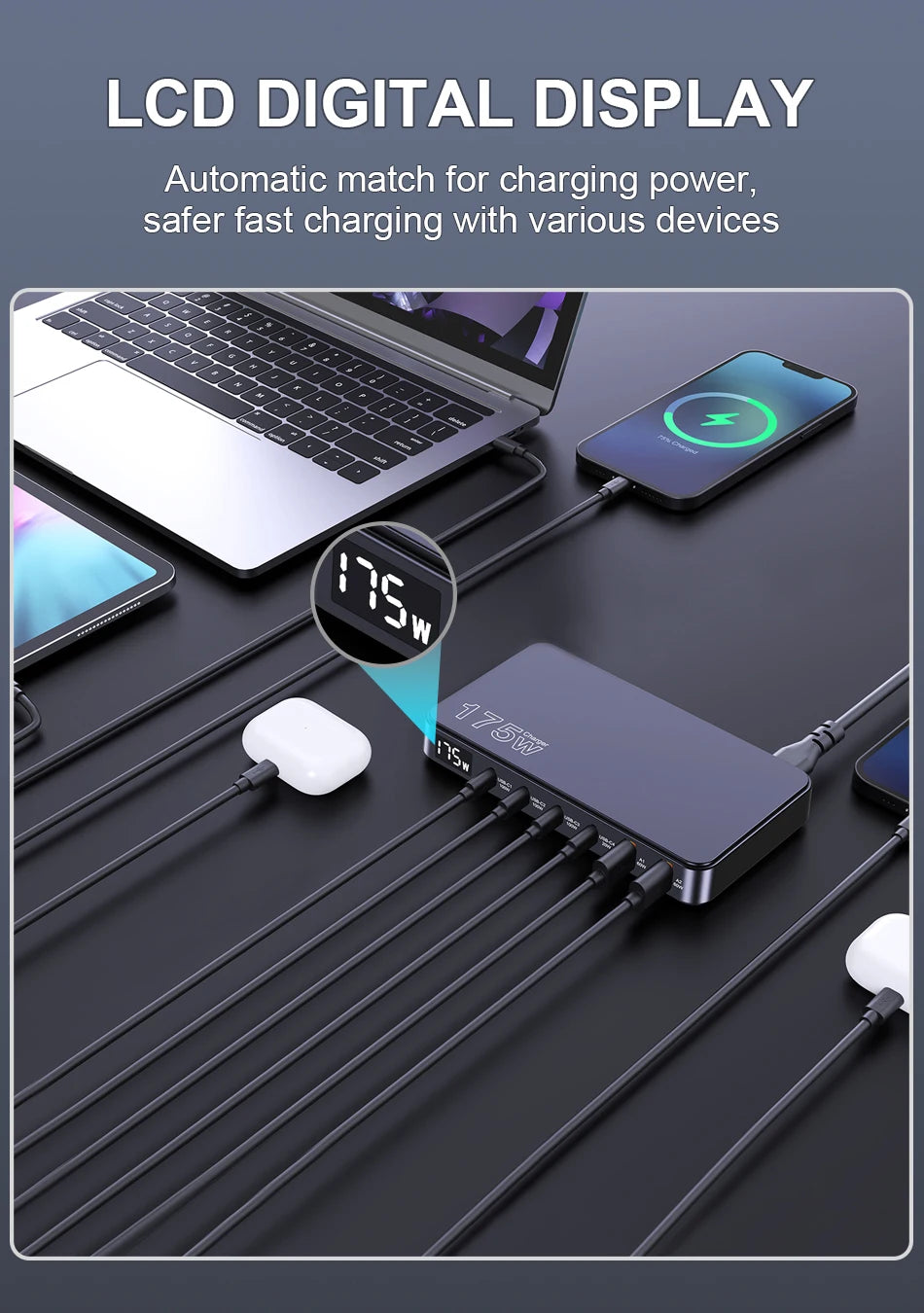 175W USB-C GaN Desktop Charger – LED Display, PD 100W, QC 60W Multi-Device