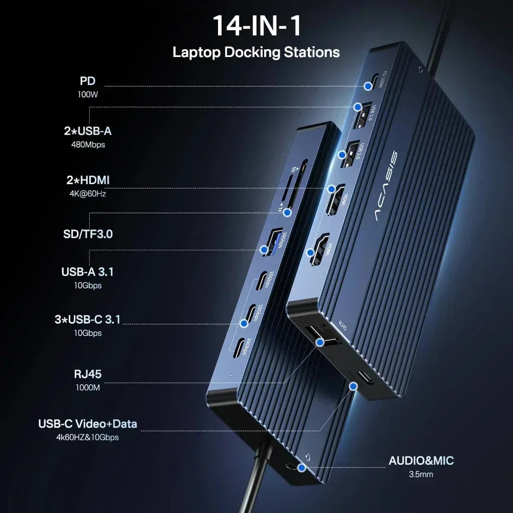 DS-0203 14-in-1 USB-C Docking Station – Triple Display HDMI Hub with 100W PD & Ethernet