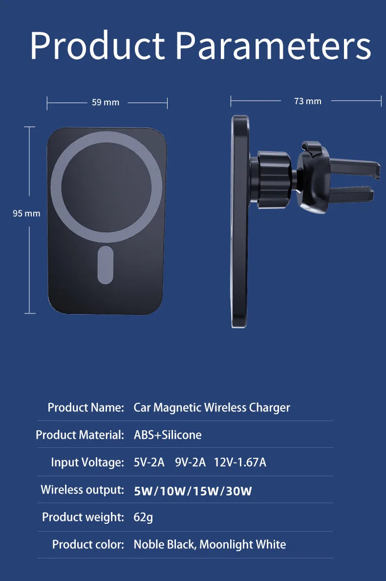 30W Magnetic Wireless Car Charger – Air Vent Phone Holder for iPhone