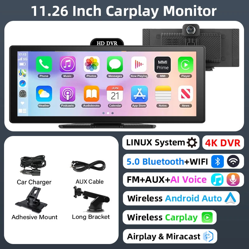 11.26″ 4K Dashboard Dash Cam – Wireless CarPlay & Android Auto, Dual Camera DVR with GPS