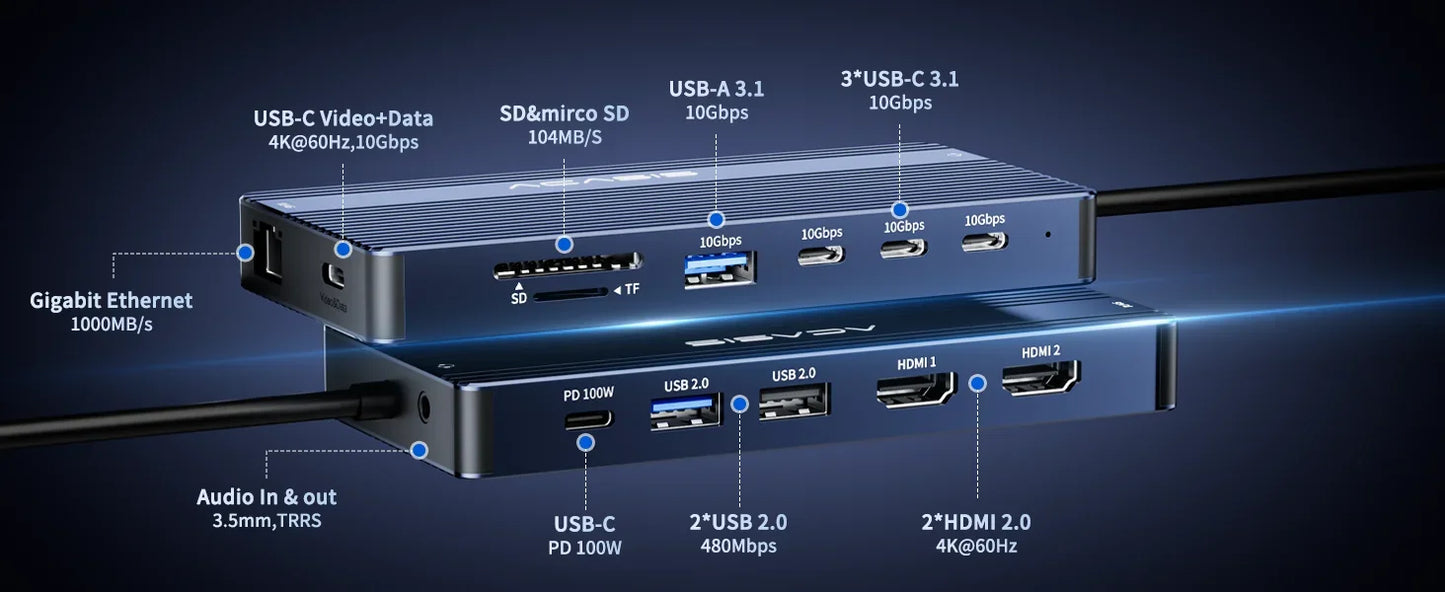 DS-0203 14-in-1 USB-C Docking Station – Triple Display HDMI Hub with 100W PD & Ethernet