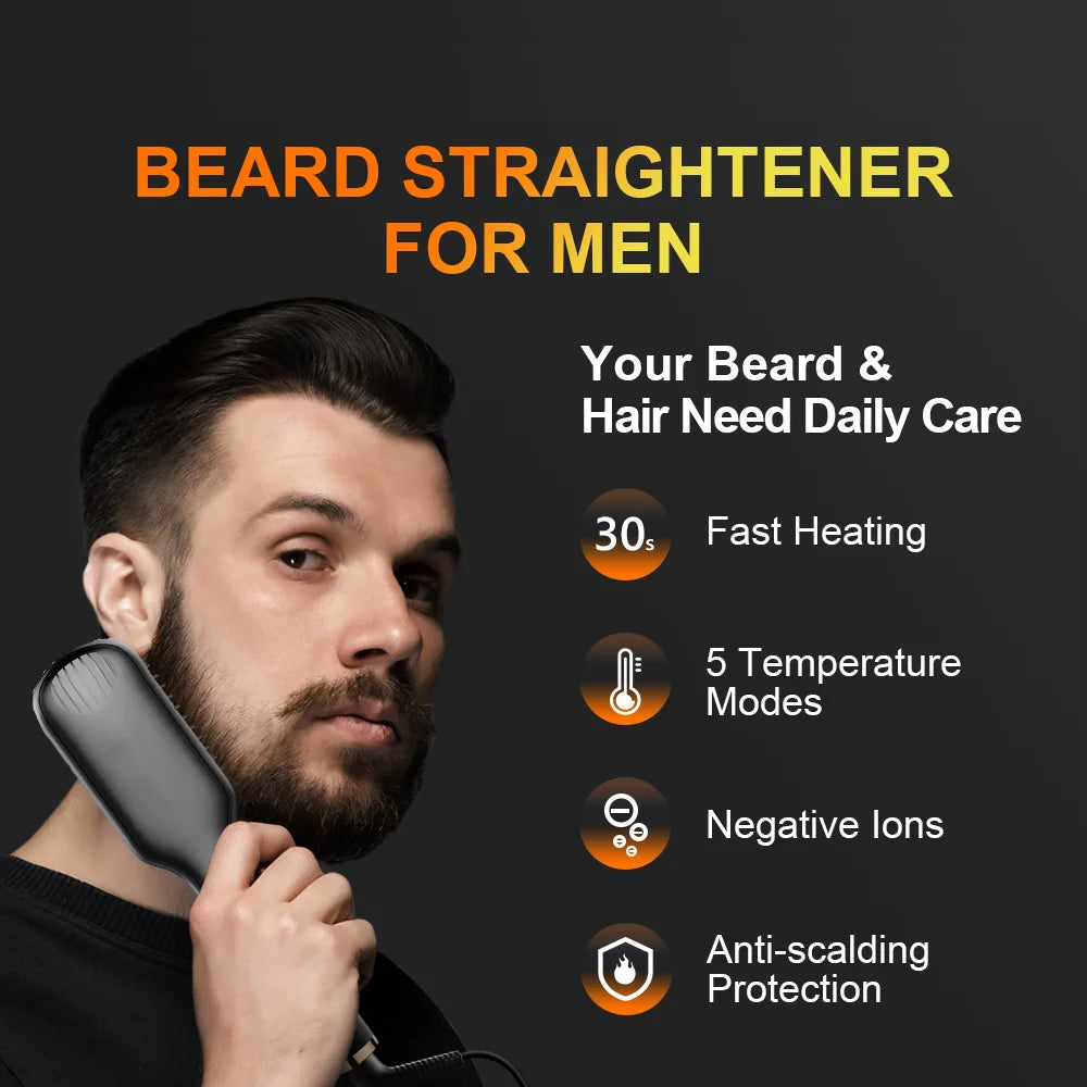Electric Beard & Hair Straightener Brush – Anti-Scald Ceramic Heated Styling Comb