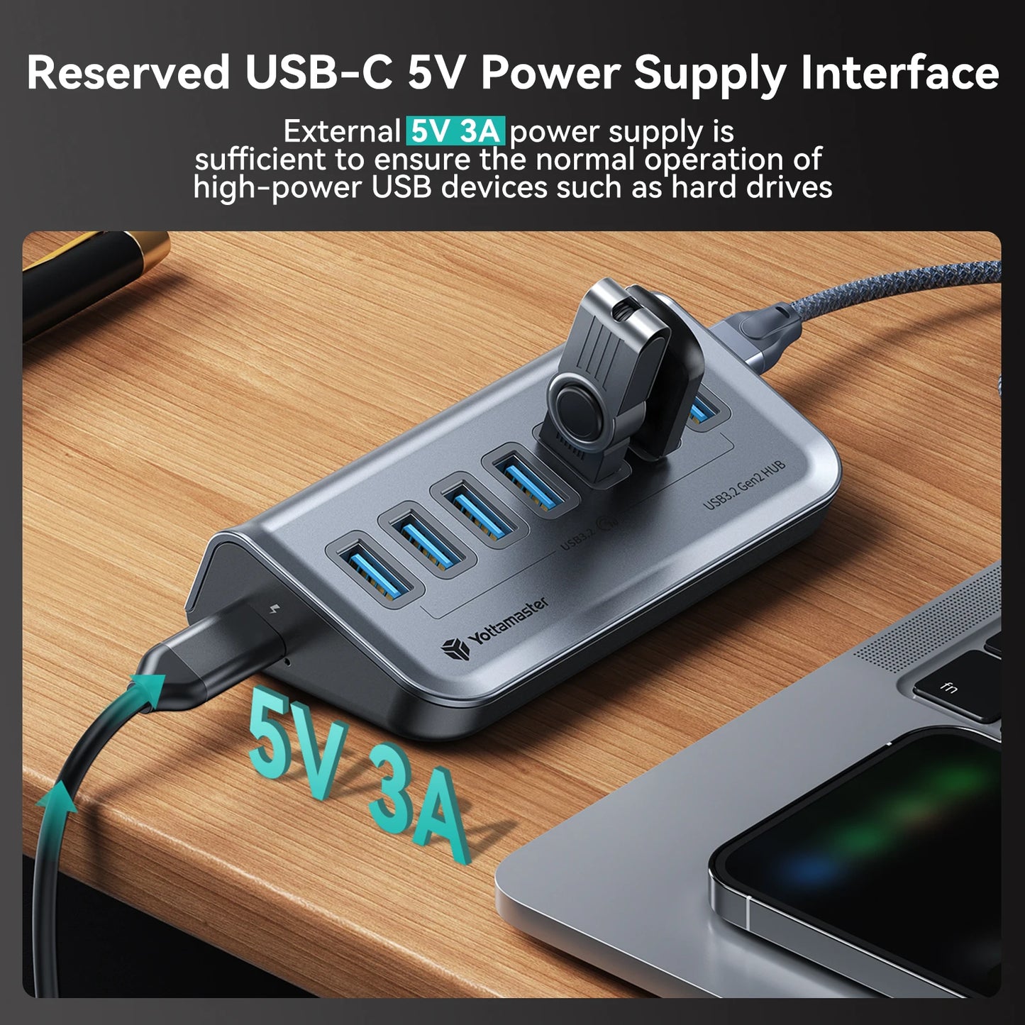 GA1 USB-C Hub with Power Supply – 7 Ports, 10Gbps High-Speed Data Transfer