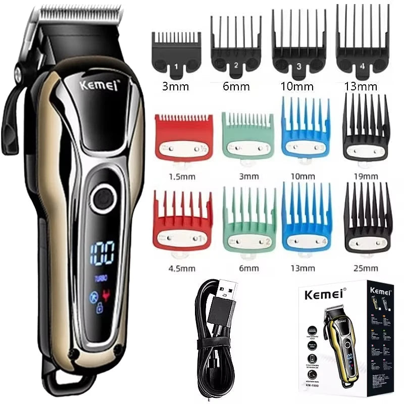 Kemei KM-1990 Electric Hair Trimmer – Digital Display, Fast Charging, Wet & Dry