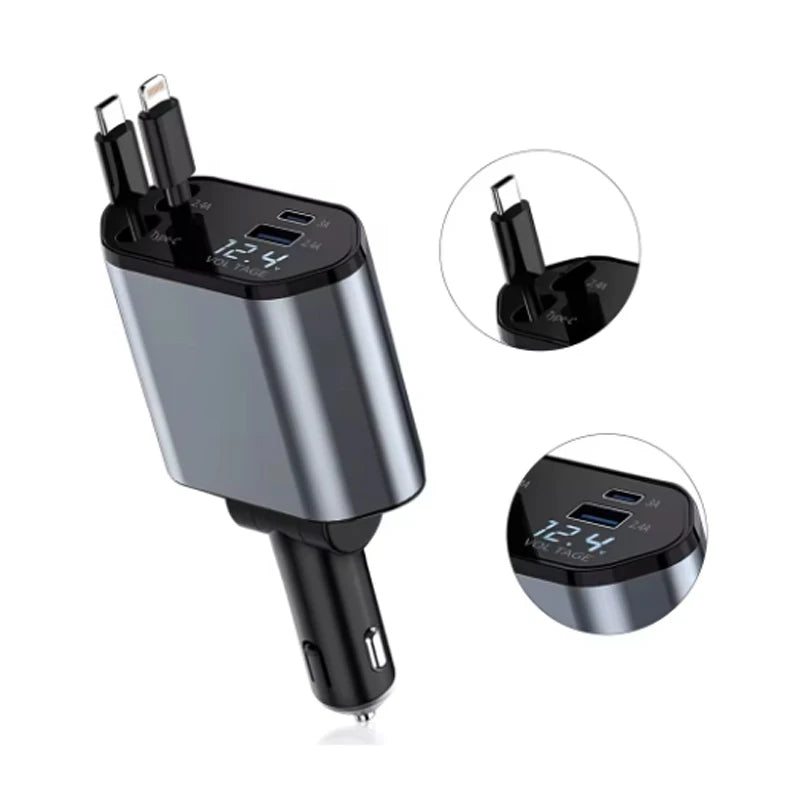 4-in-1 Retractable Car Charger with Starry Sky Ambient Light – USB-C Fast Charging & Dual Built-In Cables (12–24V Universal)