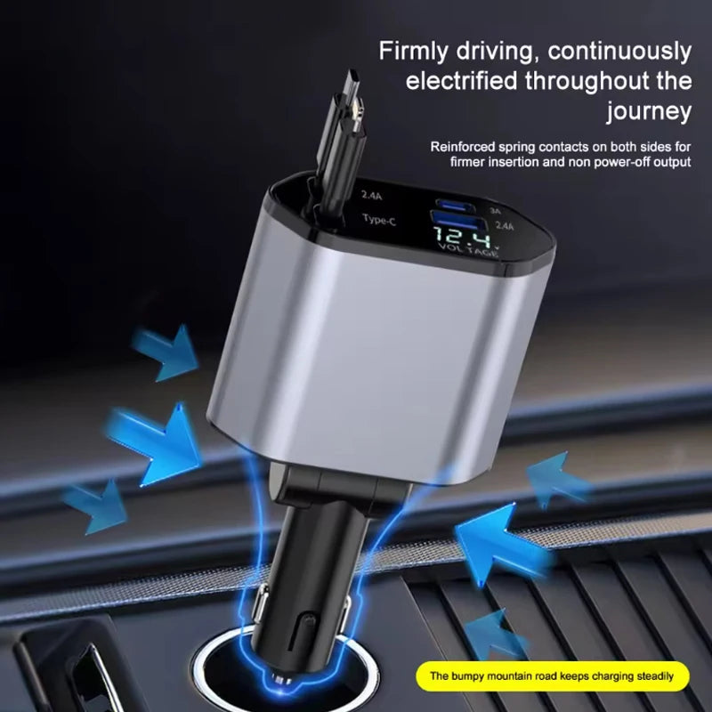 4-in-1 Retractable Car Charger with Starry Sky Ambient Light – USB-C Fast Charging & Dual Built-In Cables (12–24V Universal)