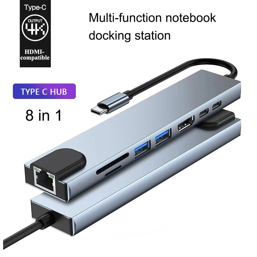 Type-C Hub 8-Port – 4K HDMI, LAN, USB 3.0, SD/TF, 100W PD Adapter