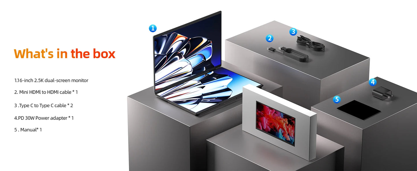 SIBOLAN 16 Inch Dual Screen Laptop Extender | 2.5K 1600P IPS | USB-C HDMI Portable Monitor