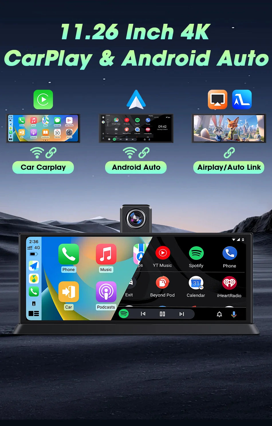 Jansite 10.26"/11.26" Wireless Apple CarPlay & Android Auto Screen with 4K Dash Cam Support