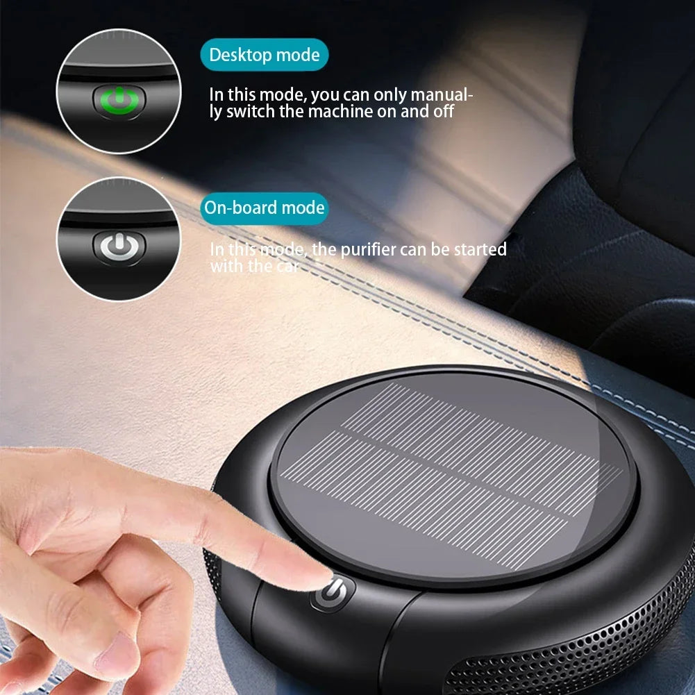 Solar USB Car Air Purifier with Ozone & Negative Ion Deodorization – Dual HEPA Purification (360° Clean Air)