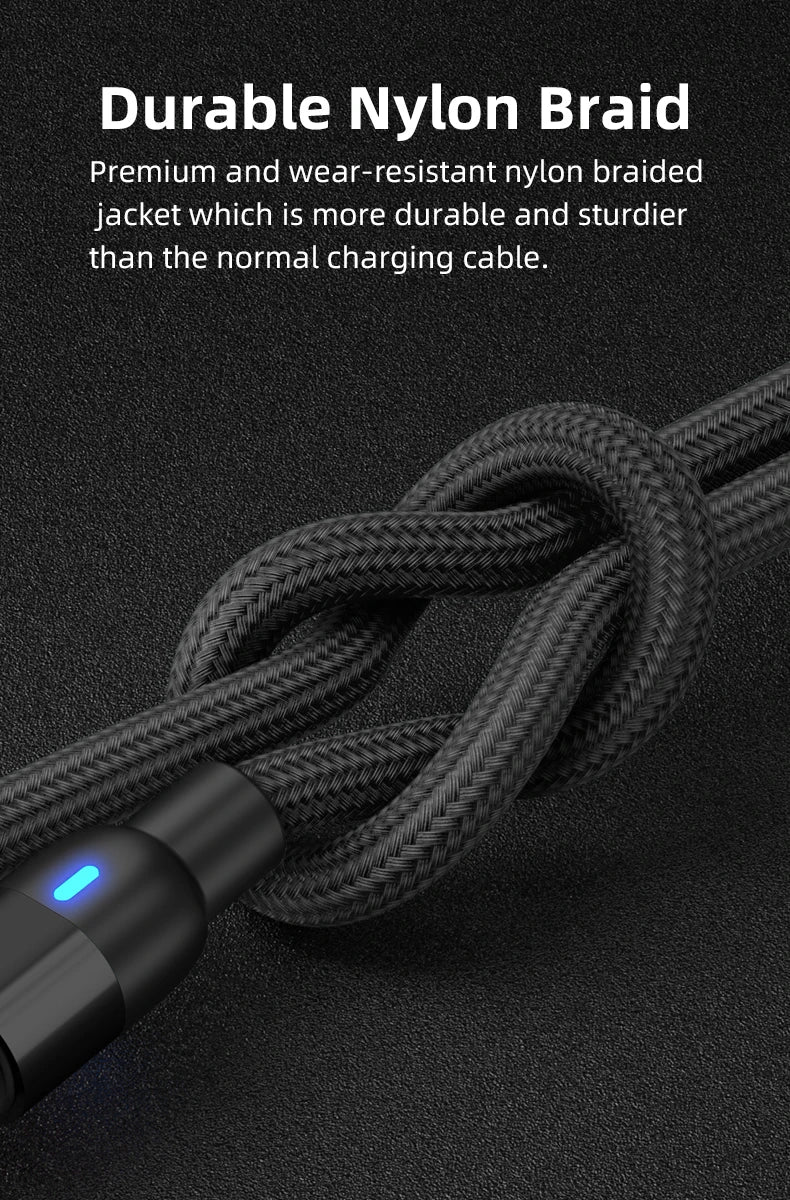 540° Rotating Magnetic Charging Cable | 3-in-1 USB-A to Type-C / Micro USB / Lightning