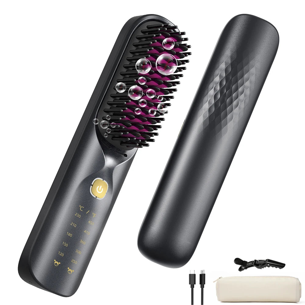 Cordless Hair Straightener Brush – Wireless, Adjustable Heat, Travel-Ready