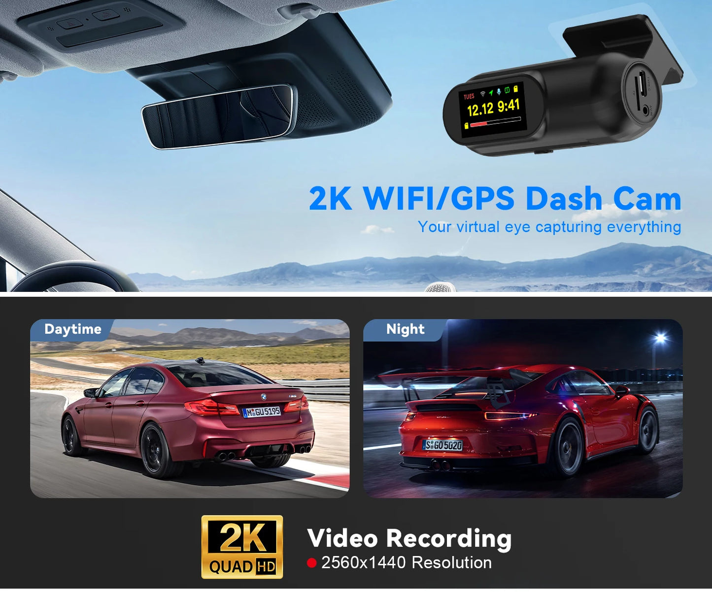Soam 2.5K WiFi Dash Cam with GPS & Parking Monitor – 1440P Night Vision DVR