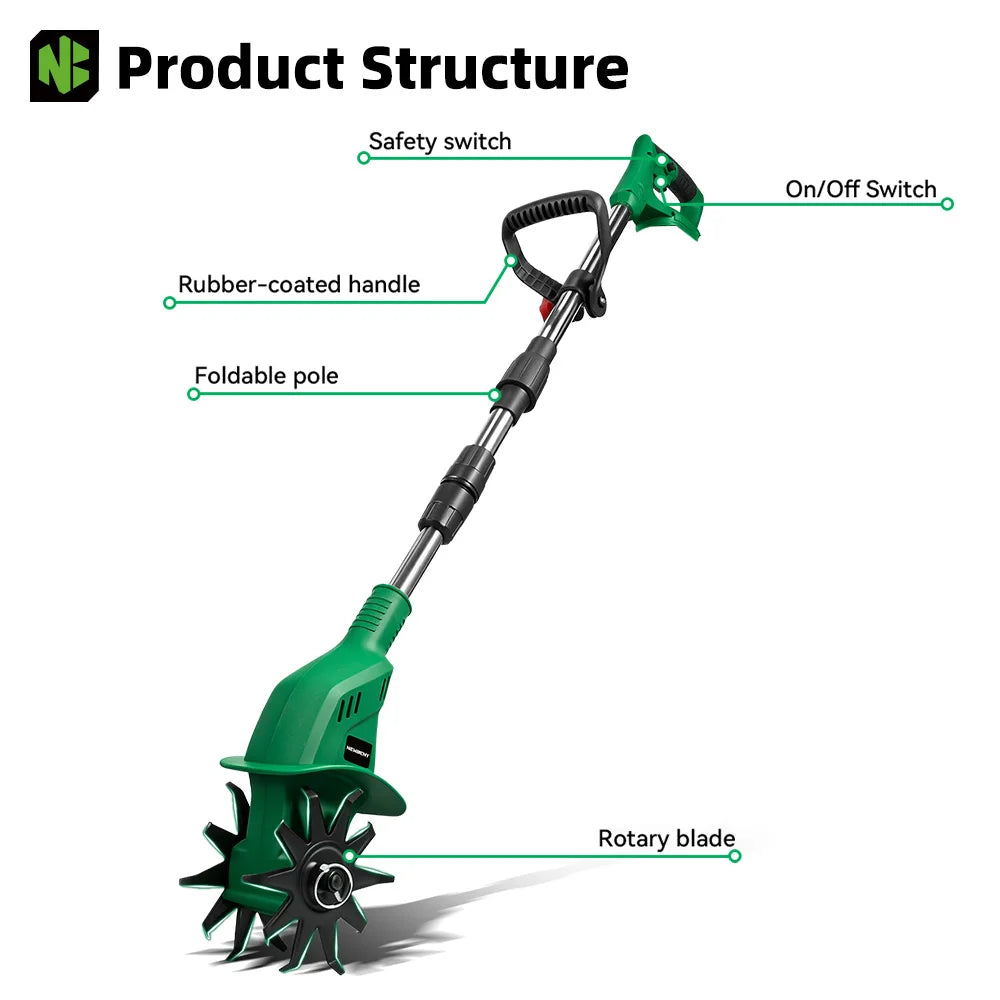 NewBeny Cordless Garden Cultivator 21V 1600W High Power Tiller with 150mm Blade