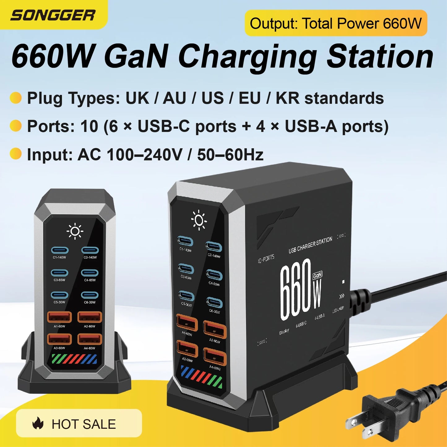 10-in-1 660W USB-C Power Hub – Multi-Device Fast Charging Station with Global Plugs