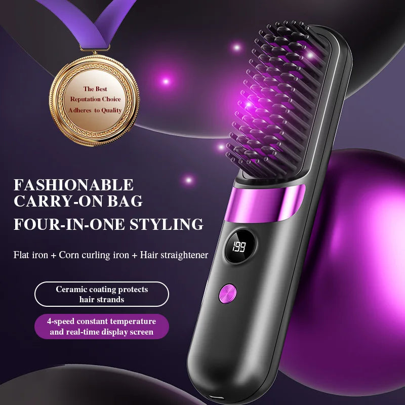 Wireless Hair Straightening & Curling Comb – Rechargeable Ceramic Hot Brush 200°C