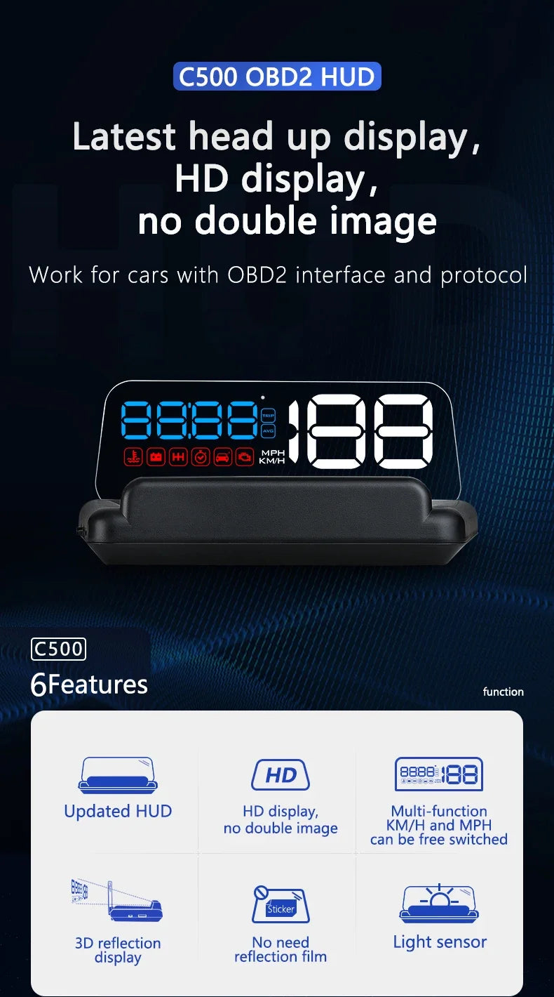 ZMFJH C500 OBD2 / T900 GPS Head-Up Display – Digital Speedometer with RPM, Fuel, Voltage & Alarm Alerts (KM/H & MPH)