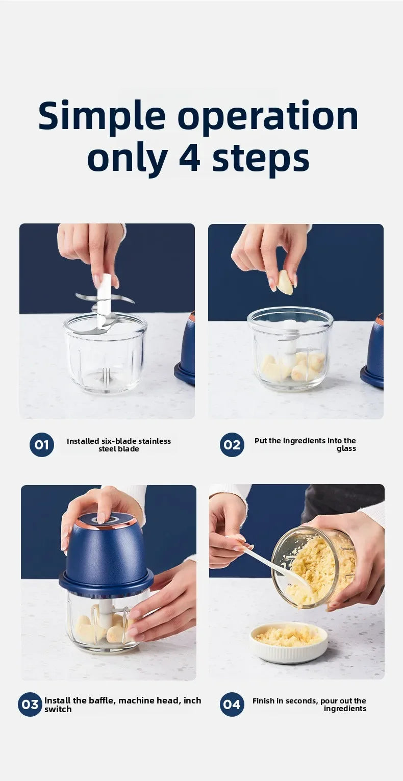 TINGBAI Portable Electric Garlic Chopper – 6-Blade USB-C Rechargeable Food Grinder