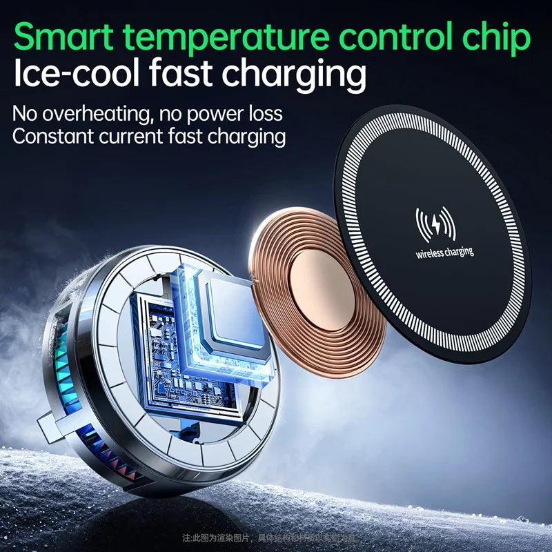 15W Magnetic Wireless Charger Car Mount with Semiconductor Cooling & RGB