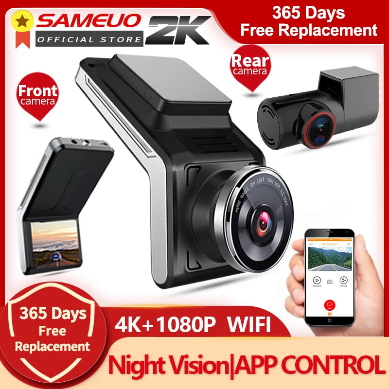 Sameuo U2000 4K Dash Cam – Front & Rear Car DVR with WiFi, Night Vision & Parking Monitor