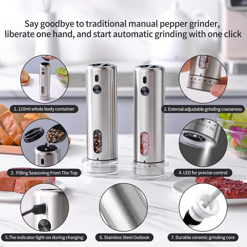 FLYMUYU Electric Salt & Pepper Grinder – Rechargeable Stainless Steel Spice Mill with Adjustable Coarseness & LED Light