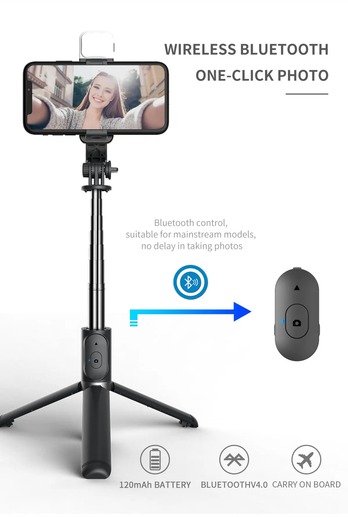 Stainless Steel Bluetooth Selfie Stick Tripod for Smartphones (Q02s)