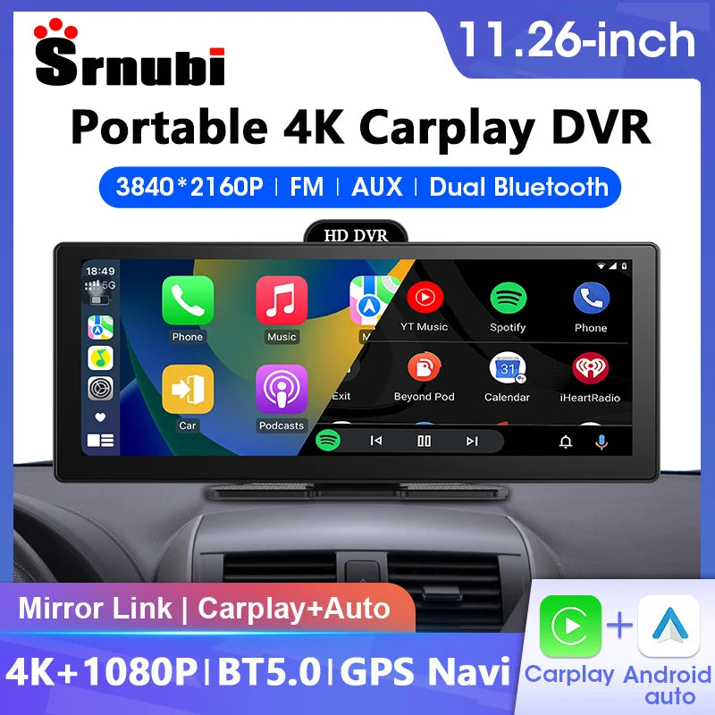 Srnubi 11.26" Portable 4K Car Dash Camera Dual Lens with IPS Touchscreen, Parking Monitor & ADAS