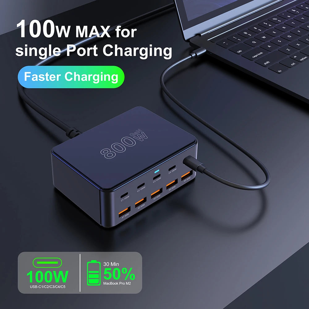 BK-123D 800W GaN Fast Charger – Multi-Port USB-C 100W PD for Laptops & Phones