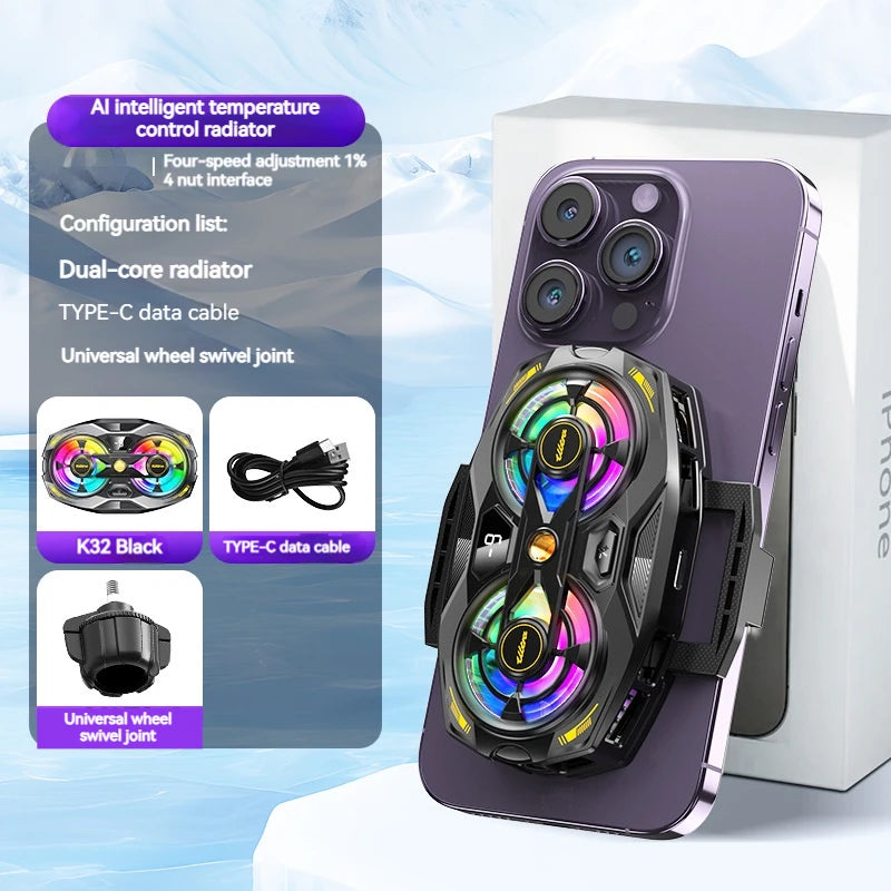 K32 Smartphone Cooler | Dual-Core Radiator, Digital Temperature Display & RGB