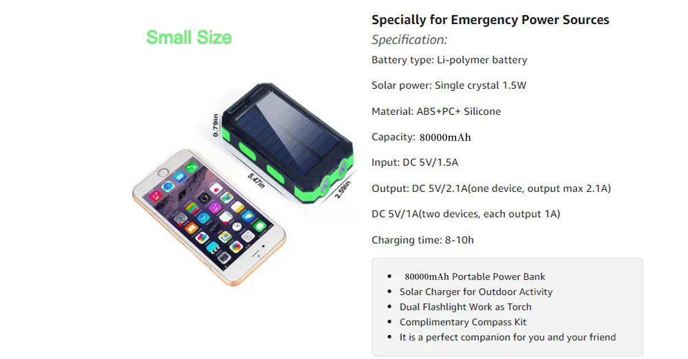 Solar Power Bank with LED Torch & Compass – Outdoor Emergency Charger (20W)