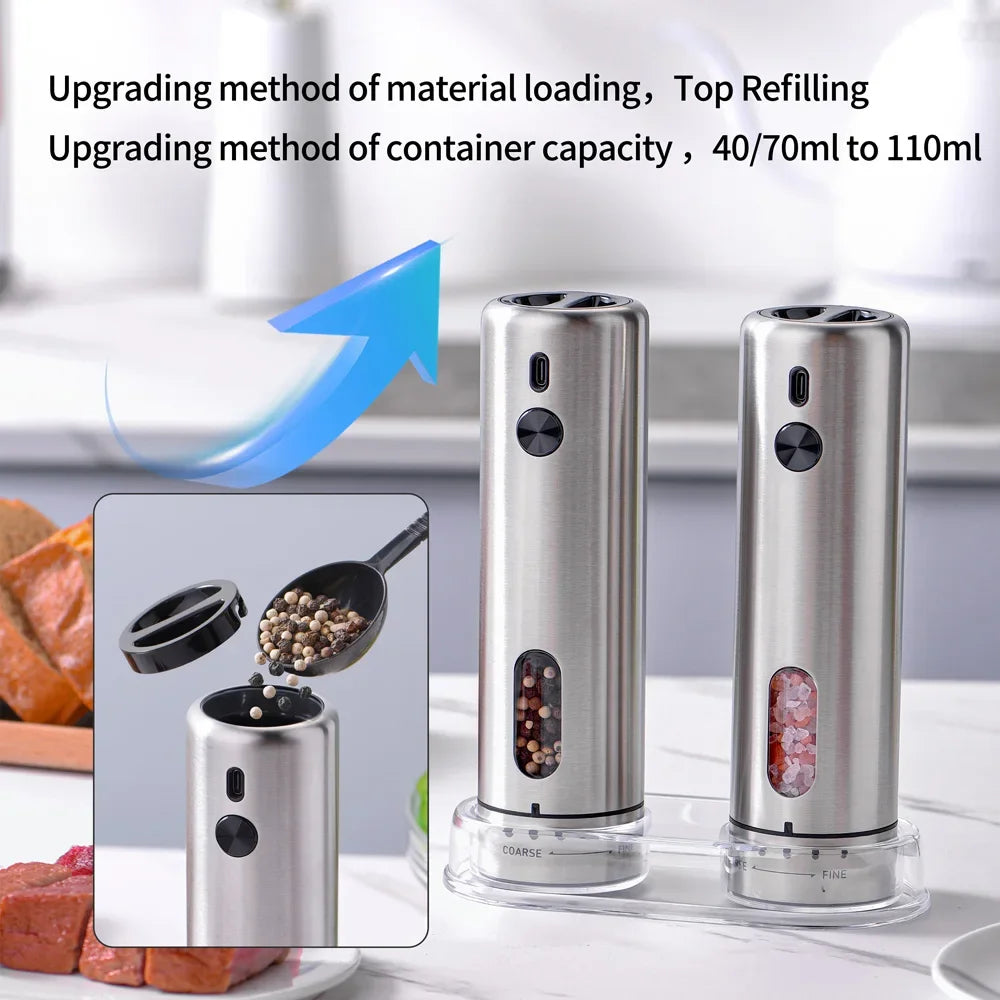 FLYMUYU Electric Salt & Pepper Grinder – Rechargeable Stainless Steel Spice Mill with Adjustable Coarseness & LED Light