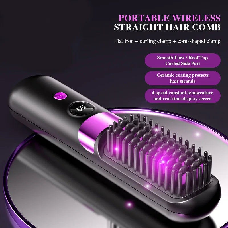Wireless Hair Straightening & Curling Comb – Rechargeable Ceramic Hot Brush 200°C