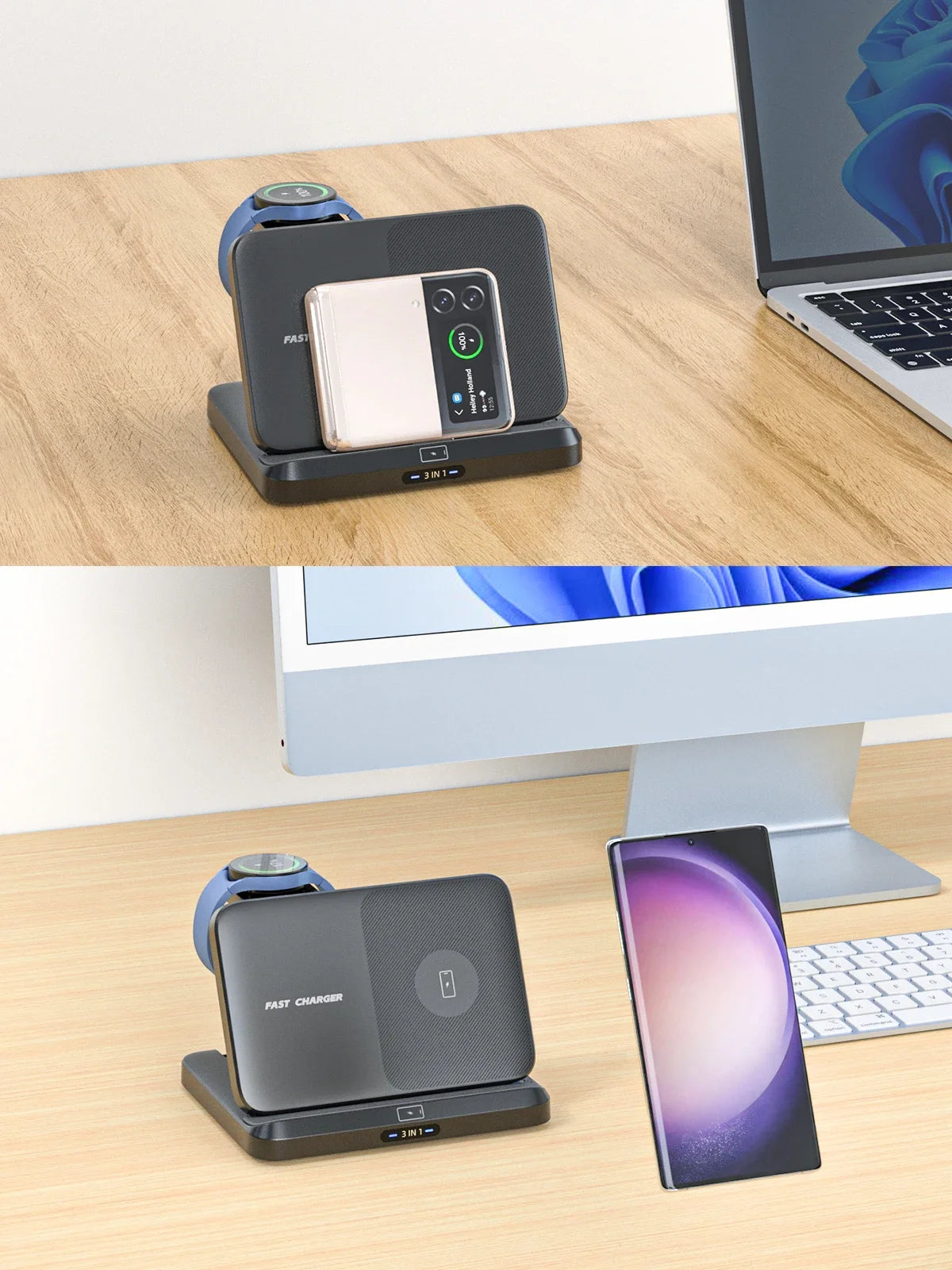 VIKEFON Foldable 3-in-1 Wireless Charger with Cooling Fan for Samsung Devices