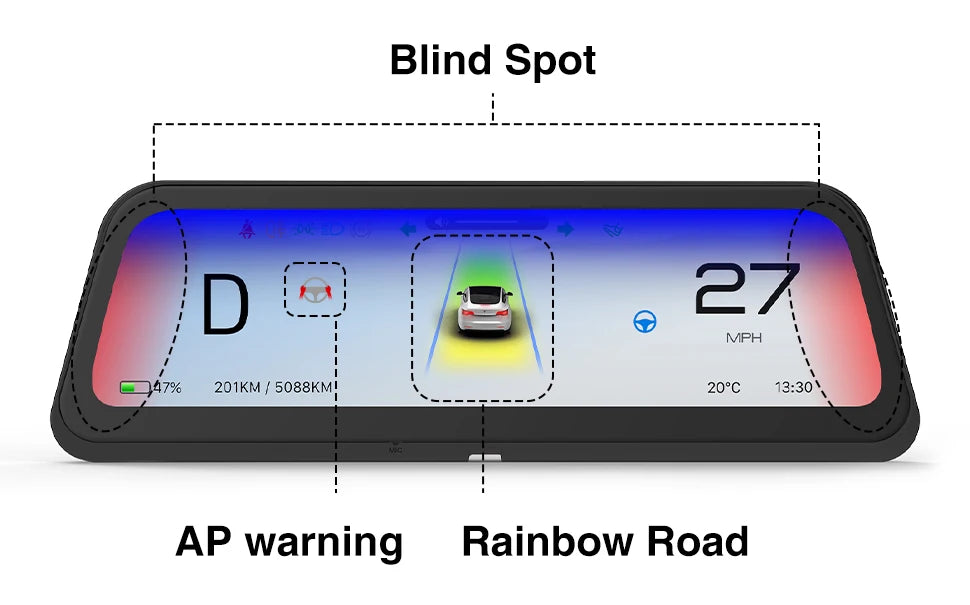 CATRONICS 9.6″ Tesla Instrument Cluster HUD – Linux Display with Wireless CarPlay & Android Auto, Blind Spot Alerts