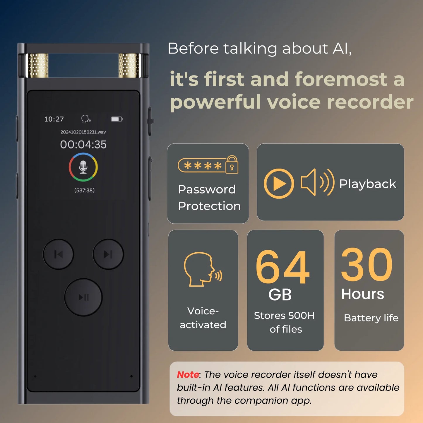 AI Voice Recorder 64GB – 30H Battery, WAV Audio, App-Powered Transcription