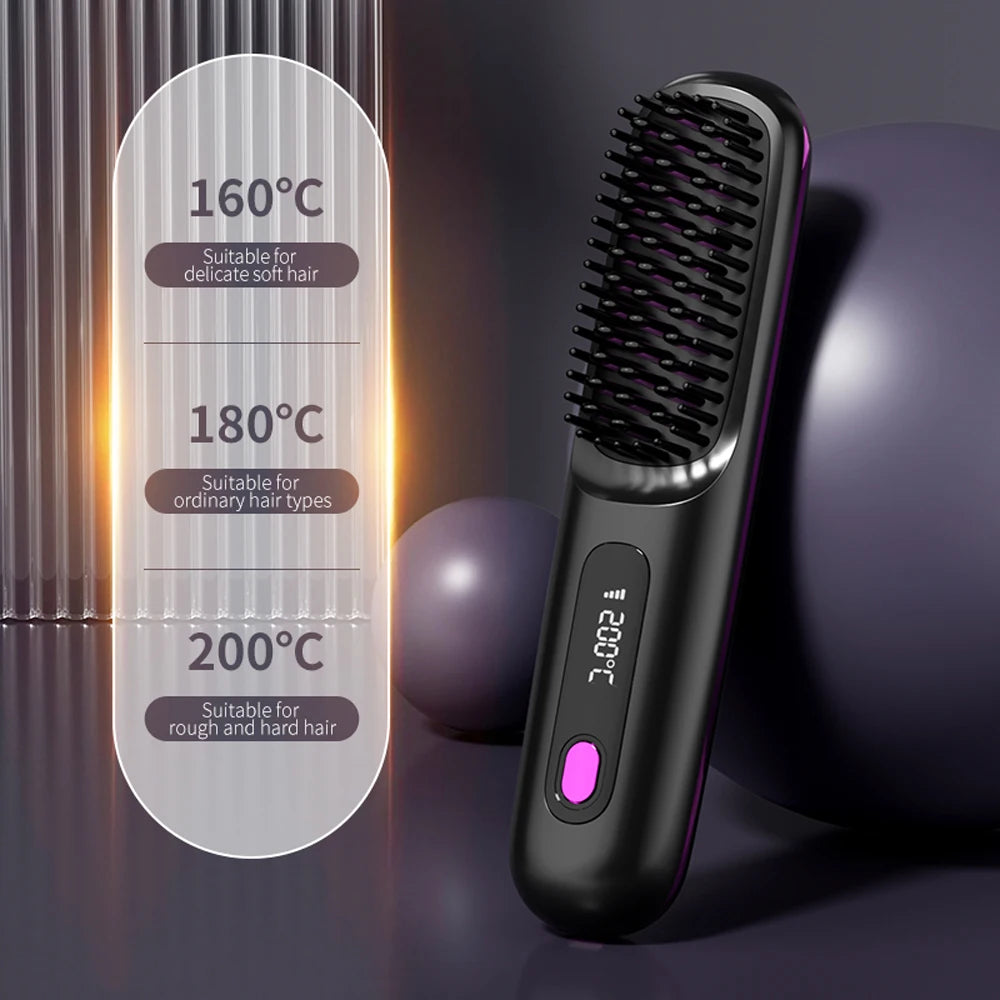 Cordless Hair Straightener Brush – Wireless Ceramic Heated Comb with Ions