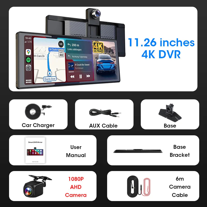 Jansite 10.26"/11.26" Wireless Apple CarPlay & Android Auto Screen with 4K Dash Cam Support
