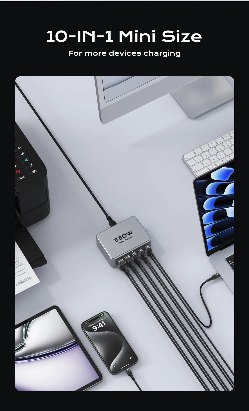 AS330W 330W GaN Desktop Charger – 10-Port USB-C & USB-A Fast Charging Station