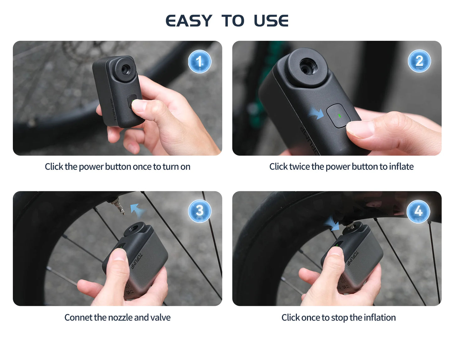 TOPUMP TB2 Mini Electric Bicycle Tire Inflator 120PSI Rechargeable Portable Pump with Schrader & Presta Valve